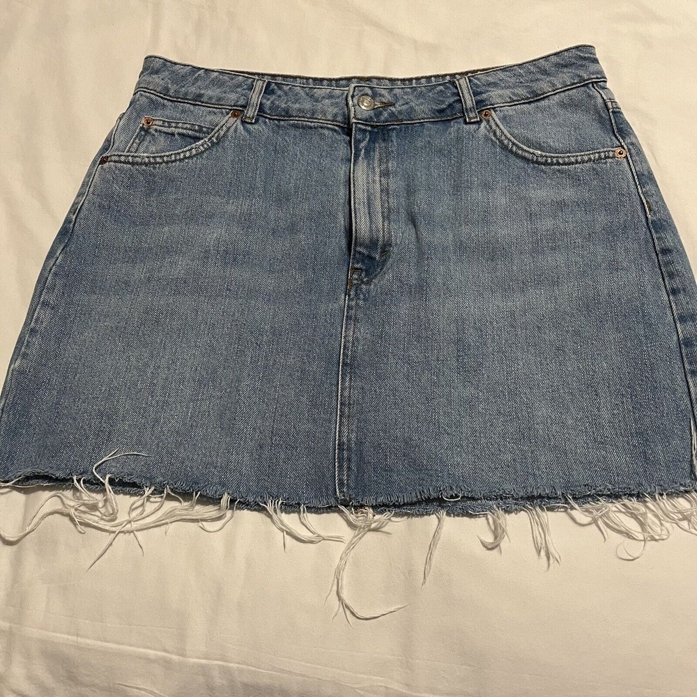 Topshop Women's Denim Mini Skirt 12 Jean Blue Raw Hem Distress Pre-owned